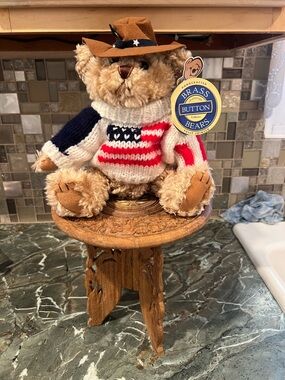 Brass Button Bears Patriotic Knit Sweater Bear  with chair - Brown Plush